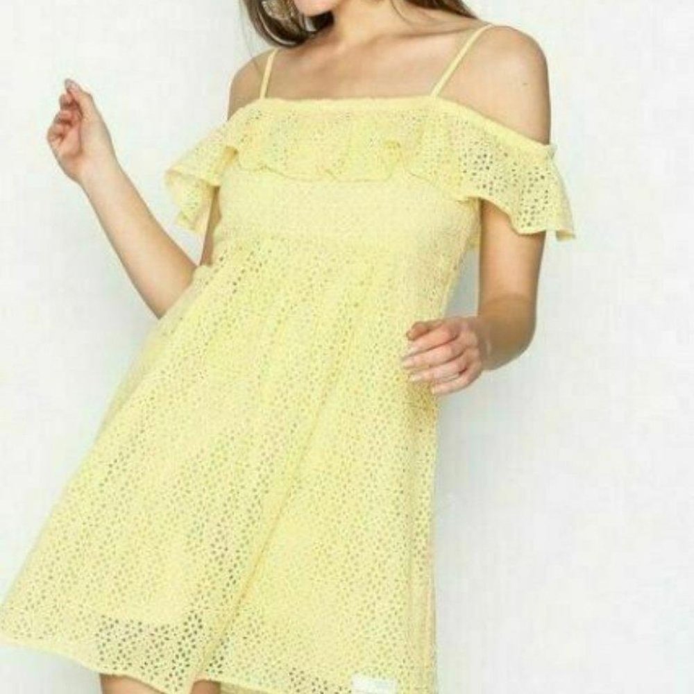Odd Molly Anthropologie See Me Mini Dress Eyelet Cold Shoulder Yellow M-2